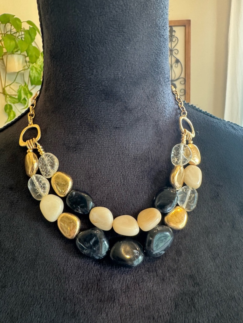 Mixed Bead Gold, Black & Cream Double Strand Statement Necklace